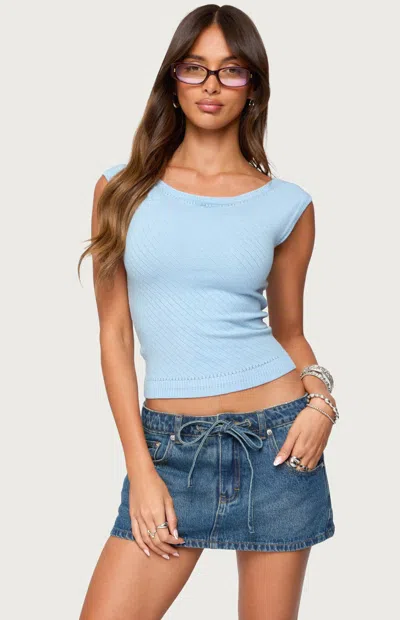 Edikted Jarah Pointelle Knit Boat Neck Top In Blue