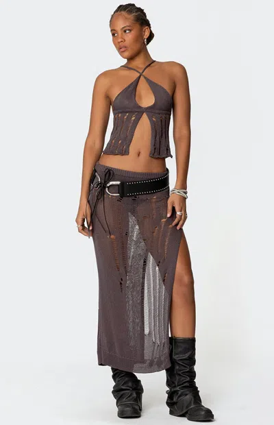 Edikted Jaynie Distressed Open Knit Maxi Skirt In Brown