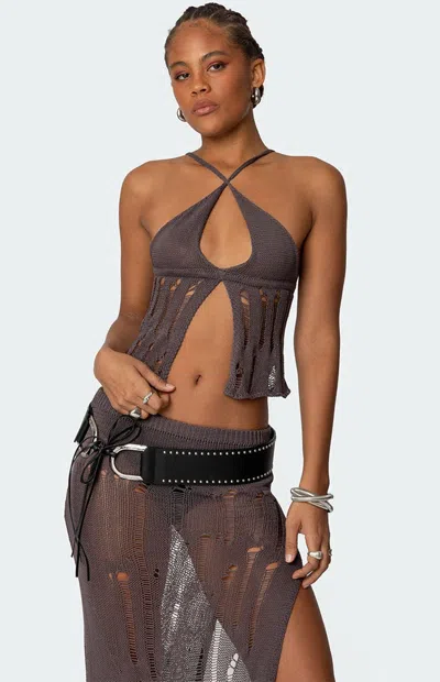 Edikted Jaynie Distressed Flyaway Camisole Sweater In Brown