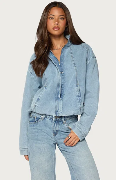 Edikted Women's Jaysi High Neck Denim Bomber Jacket In Blue