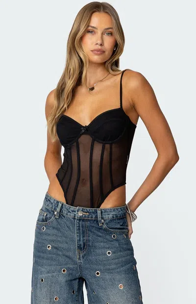 Edikted Jenia Bustier Mesh Bodysuit In Black