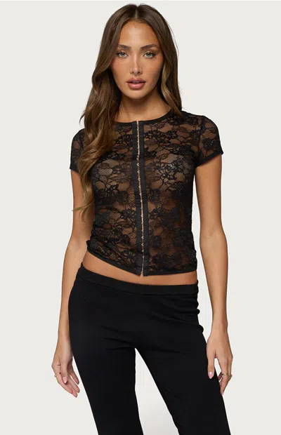 Edikted Women's Jessi Sheer Lace Hook & Eye Top In Black In Brown