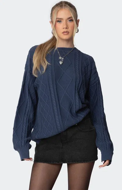 Edikted Jessy Cable Knit Oversized Sweater In Blue
