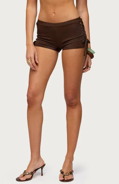 EDIKTED WOMEN'S JILLY BRAIDED CUTOUT MICRO SHORTS IN BROWN