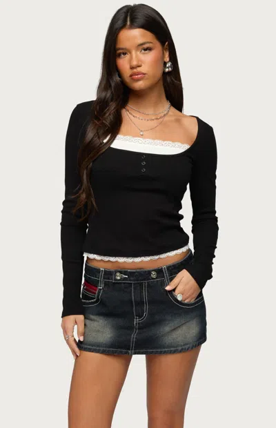 Edikted Women's Joana Layered Lacey Henley Top In Black