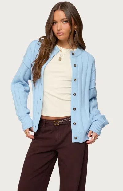 Edikted Joanie Wide Ribbed Knit Cardigan In Blue