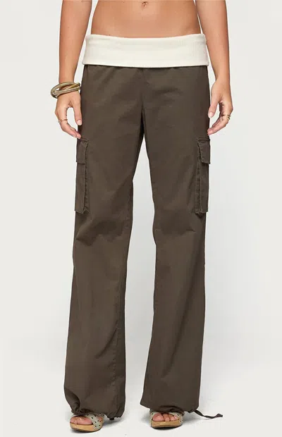 Edikted Women's Jolee Contrast Ribbed Foldover Cargo Pants In Olive In Brown