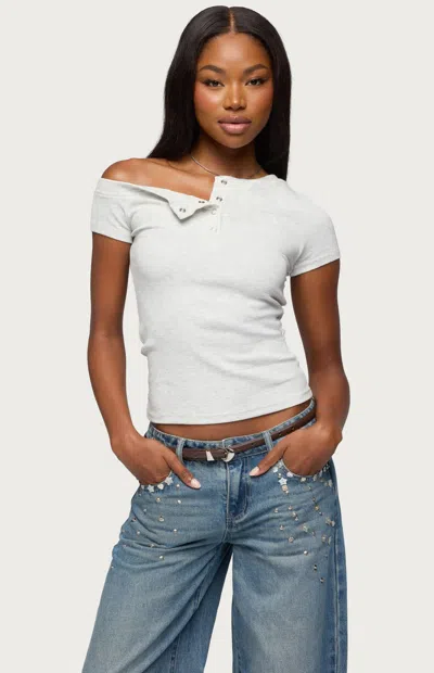 Edikted Women's Jubilee Off The Shoulder Henley Top In Heather Gray In White
