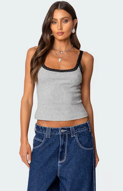 Edikted Jude Lacey Ribbed Tank Top In Gray-melange