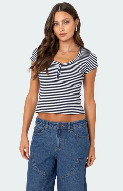 Edikted Kady Stripe Short Sleeve Henley Top In Navy