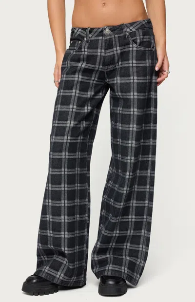Edikted Kailani Plaid Low Rise Baggy Wide Leg Jeans In Black