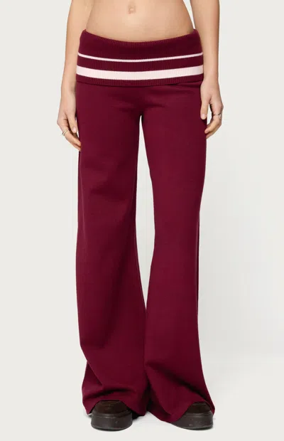 Edikted Women's Kaliya Stripey Fold Over Knit Flared Pants In Burgundy In Red