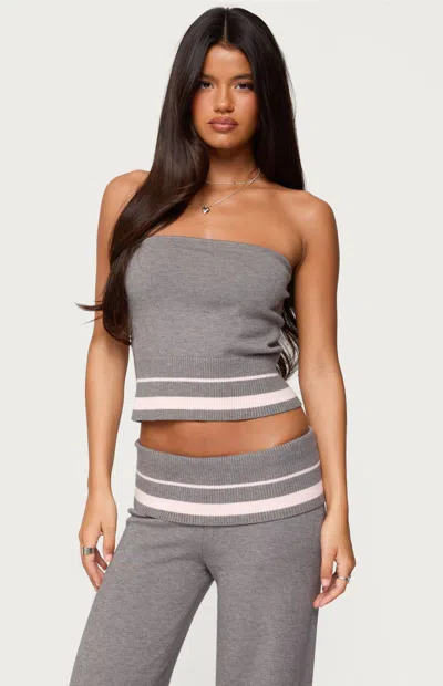 Edikted Kaliya Stripey Strapless Knit Top In Brown