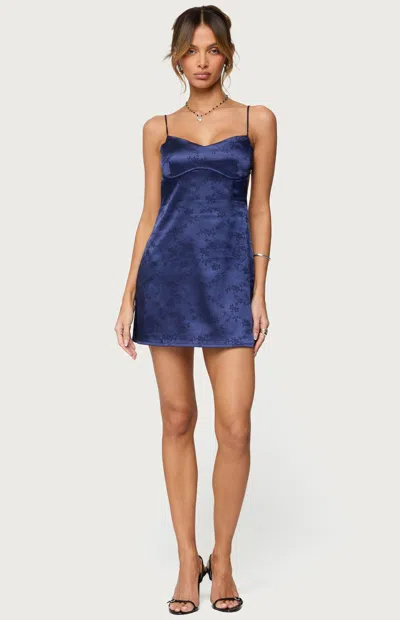 Edikted Kara Embroidered Satin Effect Mini Dress In Blue