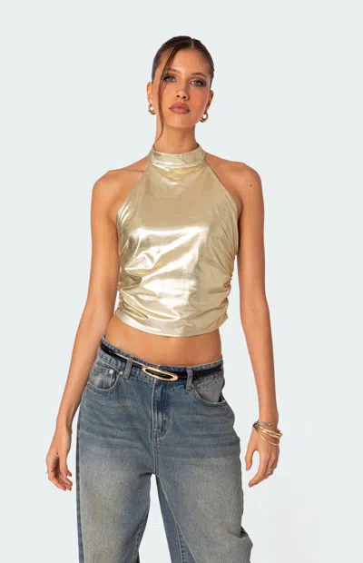 Edikted Karter Metallic Halter Neck Crop Top In Gold