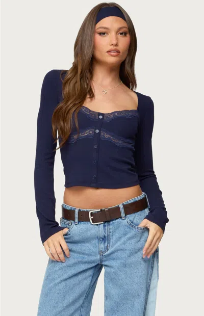 Edikted Kathi Lace Trim Long Sleeve Button-up Shirt In Blue