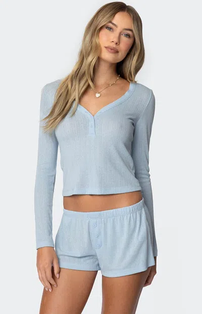 Edikted Women's Keely Pointelle Henley Top In Light Blue