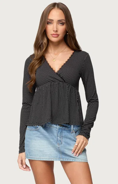 Edikted Kenzie Polka Dot Lace Trim Babydoll Top In Gray
