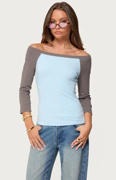 Edikted Keri Contrast Off The Shoulder Raglan Cotton Top In Blue