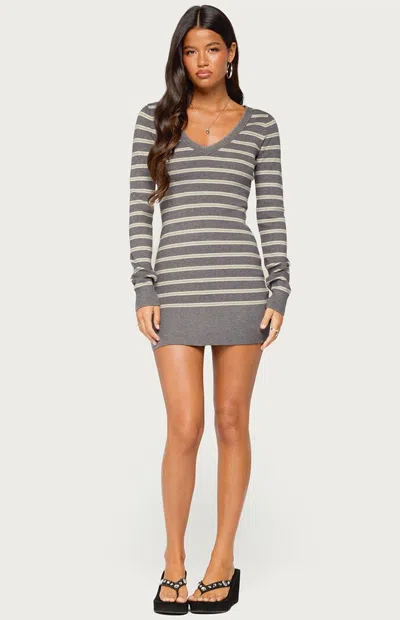 Edikted Women's Kerla Striped Knit Long Sleeve Mini Dress In Heather Gray