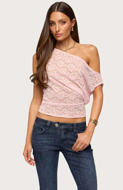 Edikted Kessa Off The Shoulder Sheer Lace Top In Pink