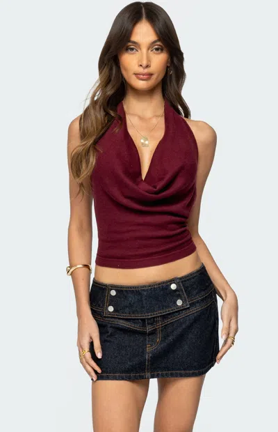 Edikted Kia Cowl Neck Open Back Halter Top In Burgundy