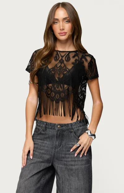 Edikted Kira Sheer Lace Fringe Trim Crop Top In Black