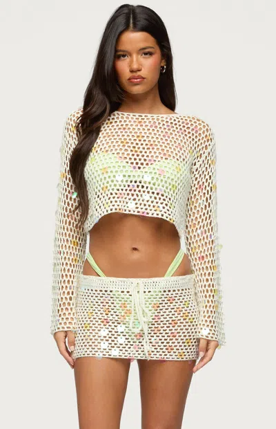 Edikted Kirah Open Stitch Paillette Cover-up Crop Top In Green