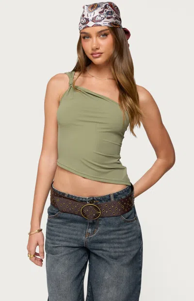 Edikted Knotted One-shoulder Asymmetric Crop Top In Green