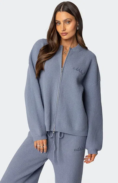 Edikted Kris Ribbed Knit Zip Up Sweater In Blue