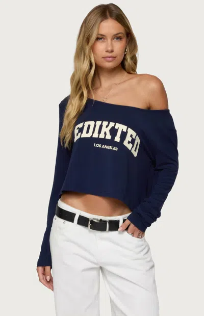 Edikted La Babe Off The Shoulder Crop Graphic T-shirt In Blue