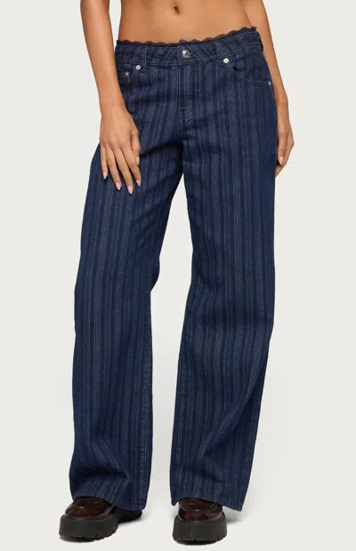 Edikted Women's Lace Trim Striped Low Rise Baggy Jeans In Blue