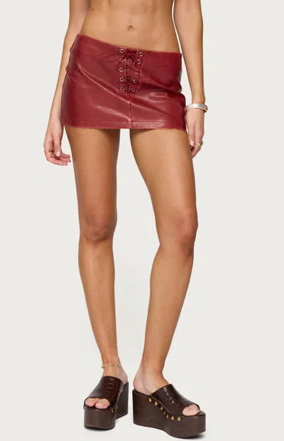 Edikted Lace-up Low Rise Faux Leather Miniskort In Burgundy