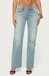 Edikted Lainie Distressed Low Rise Bootcut Jeans In Blue