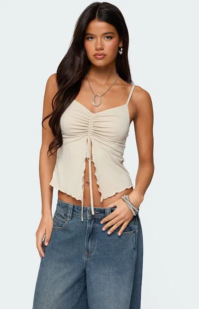 EDIKTED WOMEN'S LANDON DRAWSTRING SPLIT FRONT TOP IN STONE
