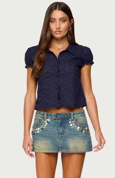 Edikted Lanie Eyelet Short Sleeve Crop Button-up Shirt In Blue
