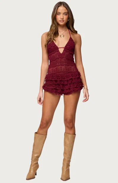 Edikted Women's Lanney Ruffled Sheer Lacey Romper In Burgundy