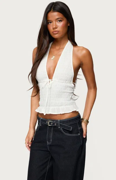 Edikted Larissa Smocked Cotton Halter Top In White