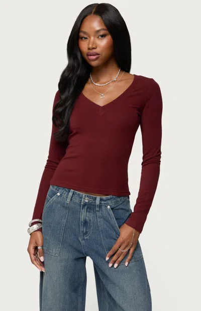 Edikted Larna Ribbed V-neck Long Sleeve T-shirt In Brown