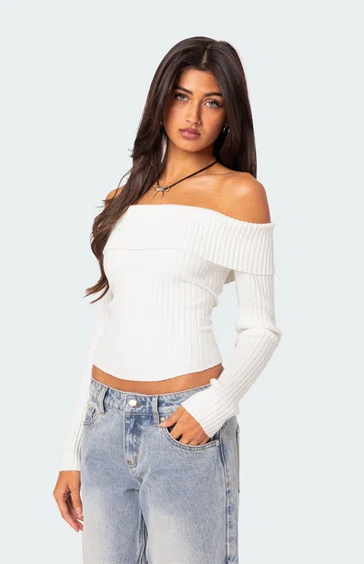 Edikted Lauren Foldover Off The Shoulder Rib Sweater In White