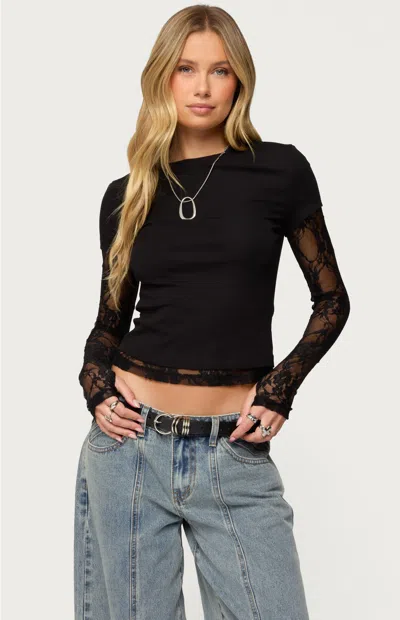 Edikted Layered Lace Sleeve T-shirt In Black