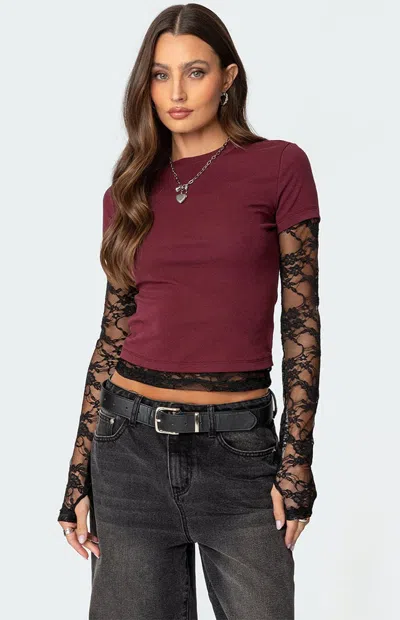 Edikted Layered Lace Sleeve T-shirt In Burgundy