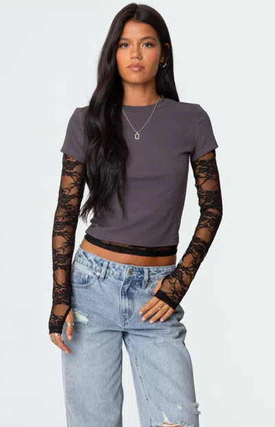 Edikted Layered Lace Long Sleeve T-shirt In Gray