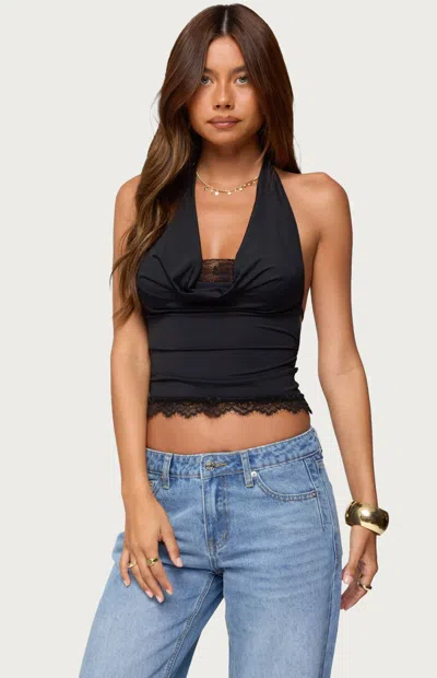 Edikted Layered Lacey Cowl Neck Halter Top In Black