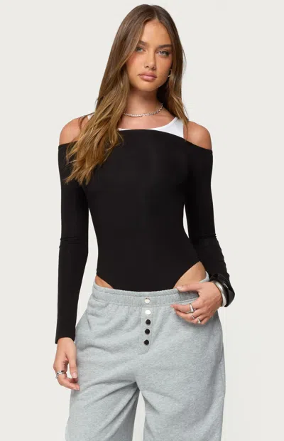 Edikted Layered Off The Shoulder Rib Bodysuit In Black