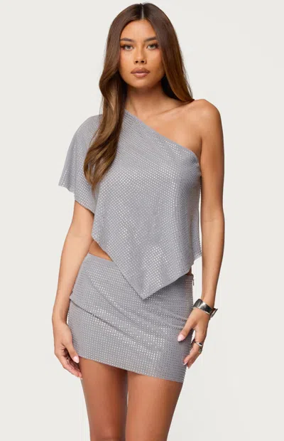 Edikted Leanne Rhinestone One-shoulder Top In Gray