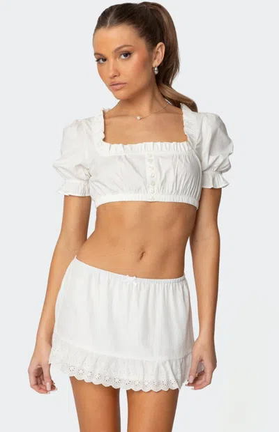 Edikted Lenora Puff Sleeve Crop Stretch Cotton Top In White