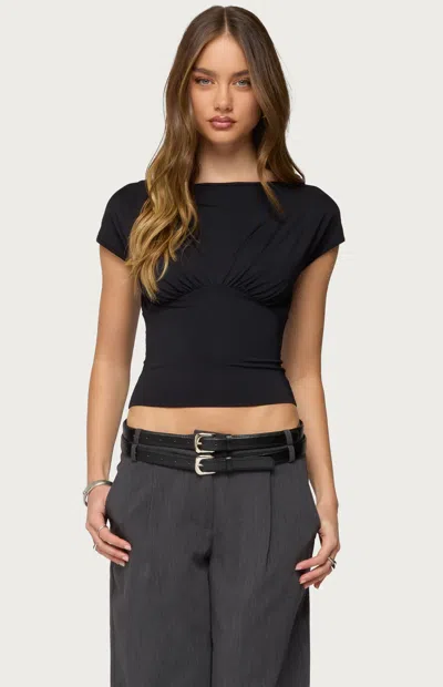 Edikted Leonah Ruched Boat Neck Crop Top In Black
