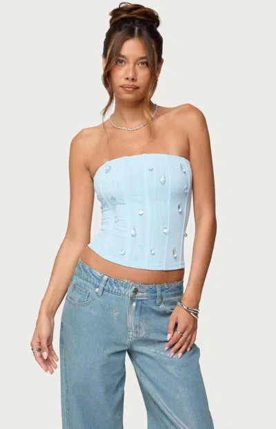Edikted Lexah Crystal Embellished Mesh Corset Top In Blue