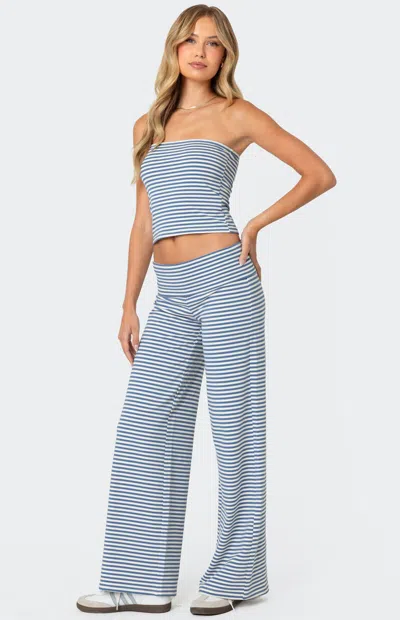 Edikted Lilah Stripe Foldover Pants In Blue-and-white